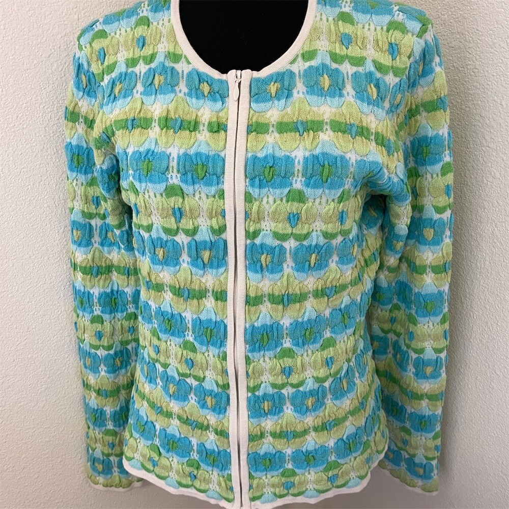 Womens Textured Knit Full Zip Jacket Cardigan Blue Green Floral Stripe Medium